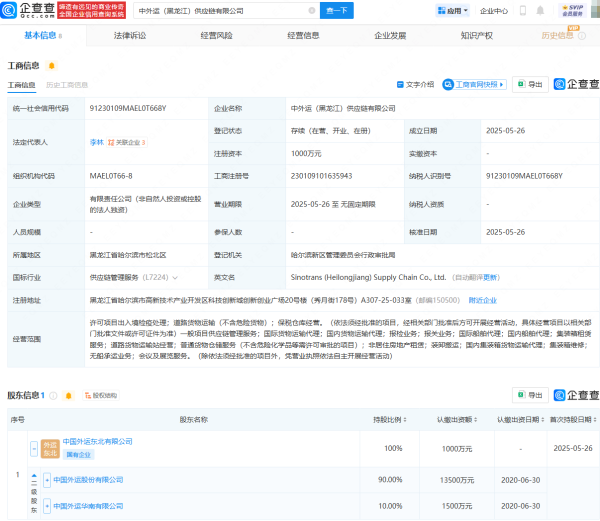 嘉理证券  中国外运在黑龙江成立供应链公司